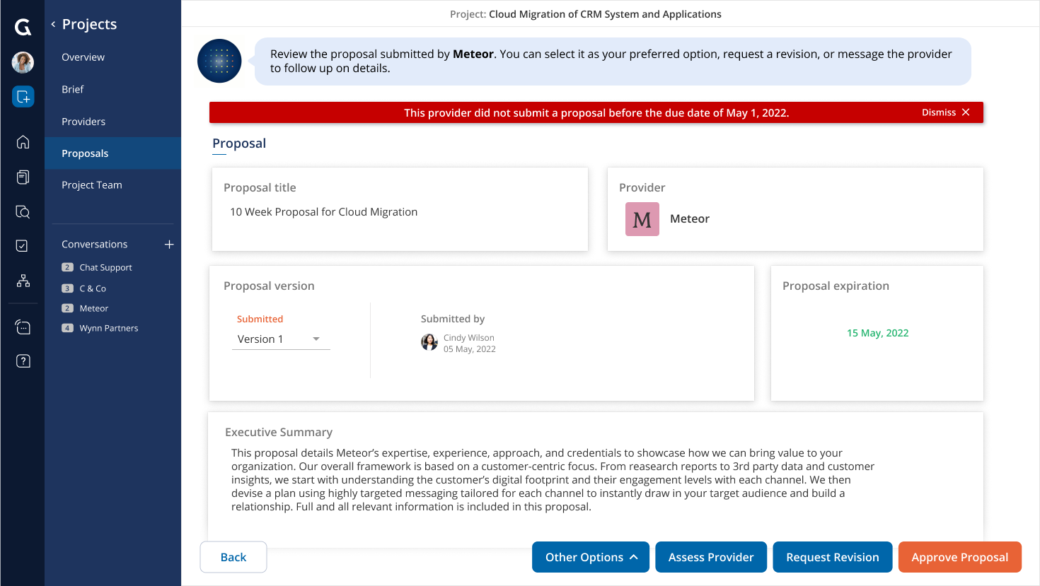 Client view - late proposal by Meteor