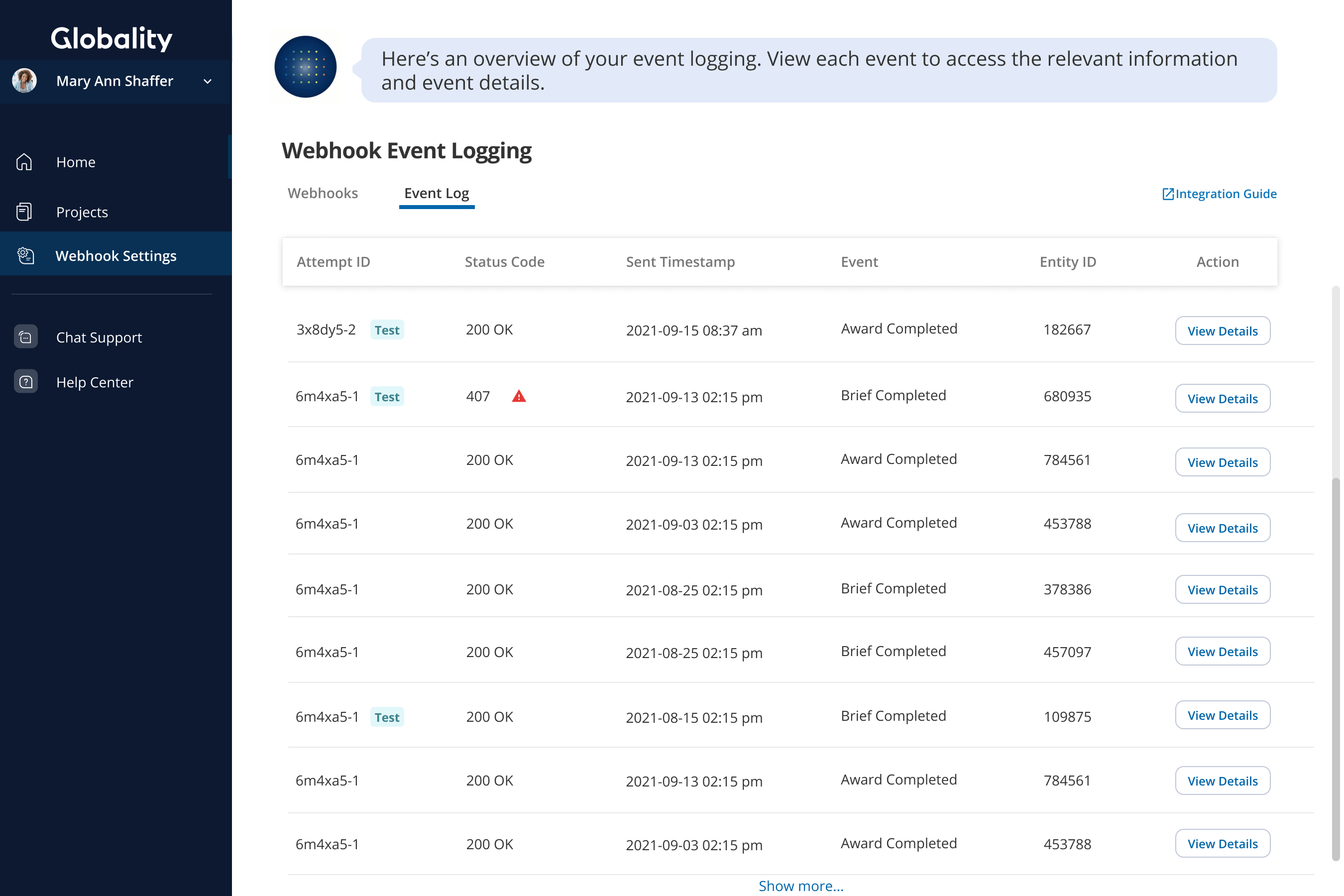 Webhook Event Log + Test