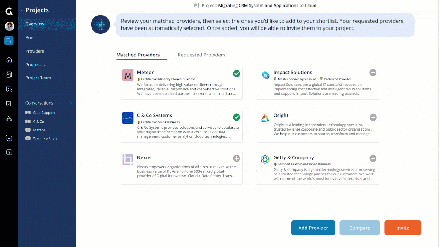 Glo also automatically serves up pre-established supplier contacts in the event you don’t have any preferred ones within the supplier organization.
