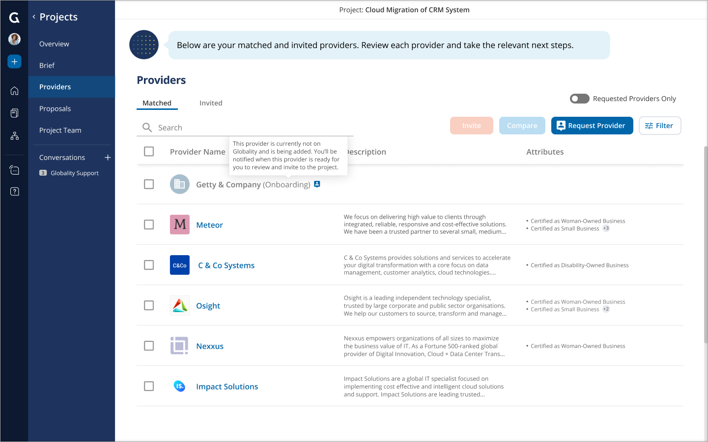 View a requested provider's onboarding status from the "Providers" page for a project.