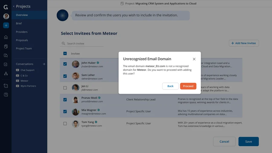 Glo alerts you with a message and you have the flexibility to proceed, with the new domain automatically added to the provider's account (unless the domain is that of a common third party such as gmail.com).