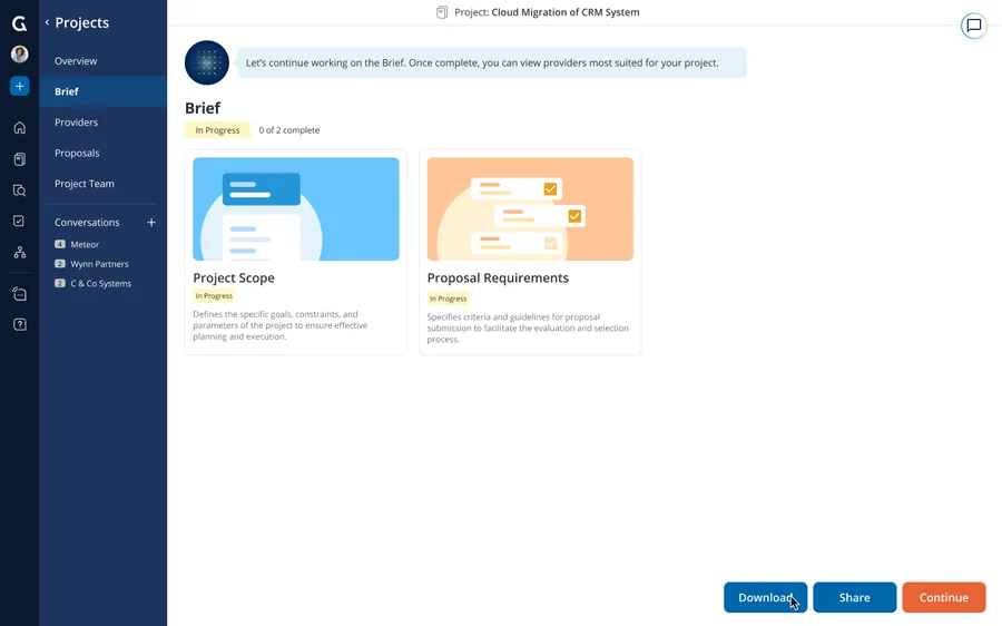 To export a brief, open the project brief and click on “Download.” To export attachments, select the checkbox and click on “Download.”