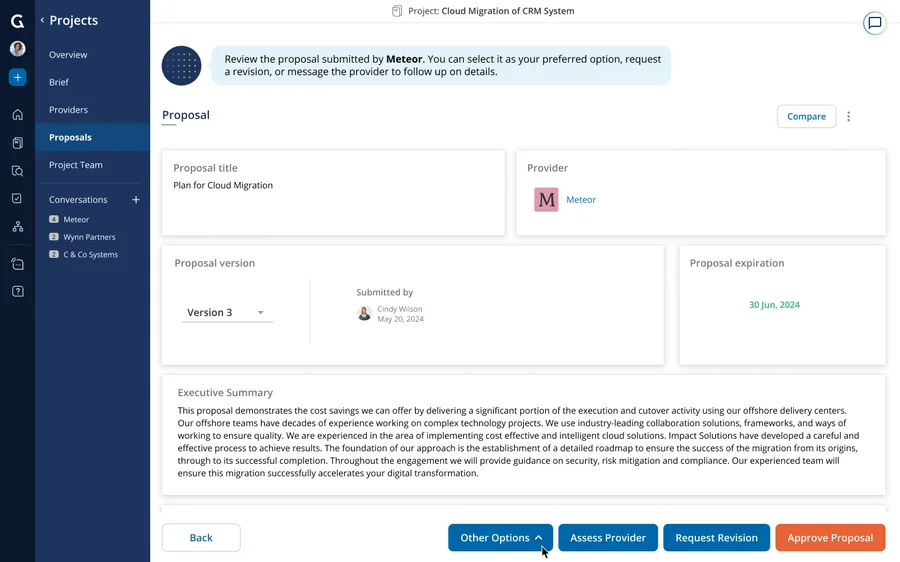 For customers, to export a specific proposal, go to the proposal you want, click on “Other Options,” and then “Download.” To export attachments, select the checkbox and click on “Download.”
