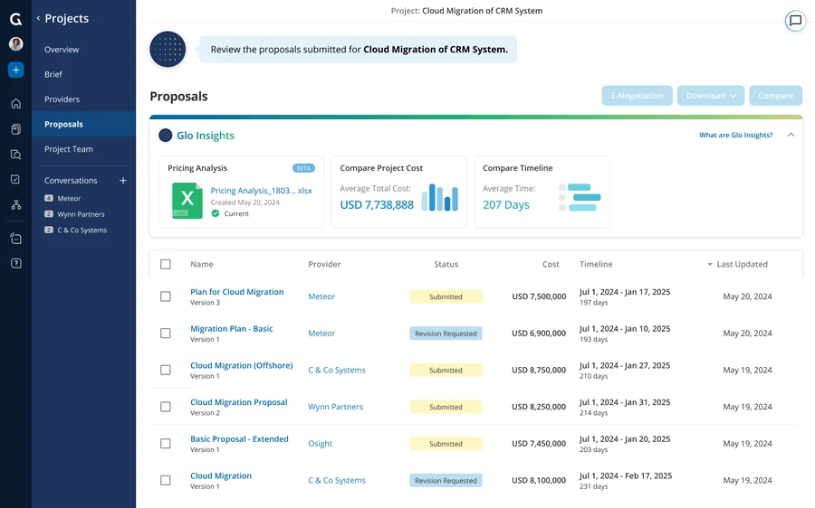 For customers, to export multiple proposals for side-by-side comparison, select the proposals you want, open the “Download” dropdown, and click on “Proposals.” To export attachments, select the checkbox and click on “Download.”
