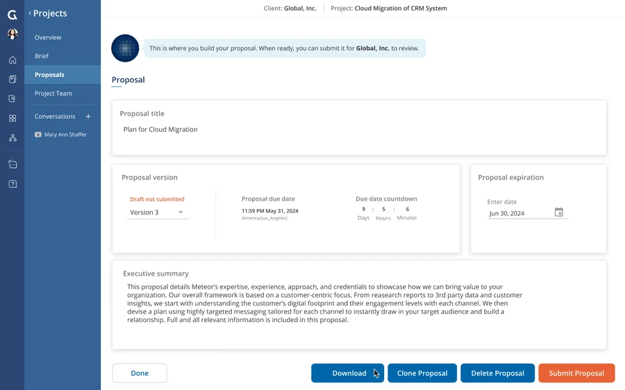 For Providers, to export a specific proposal, go to the proposal you want and click on “Download.”
