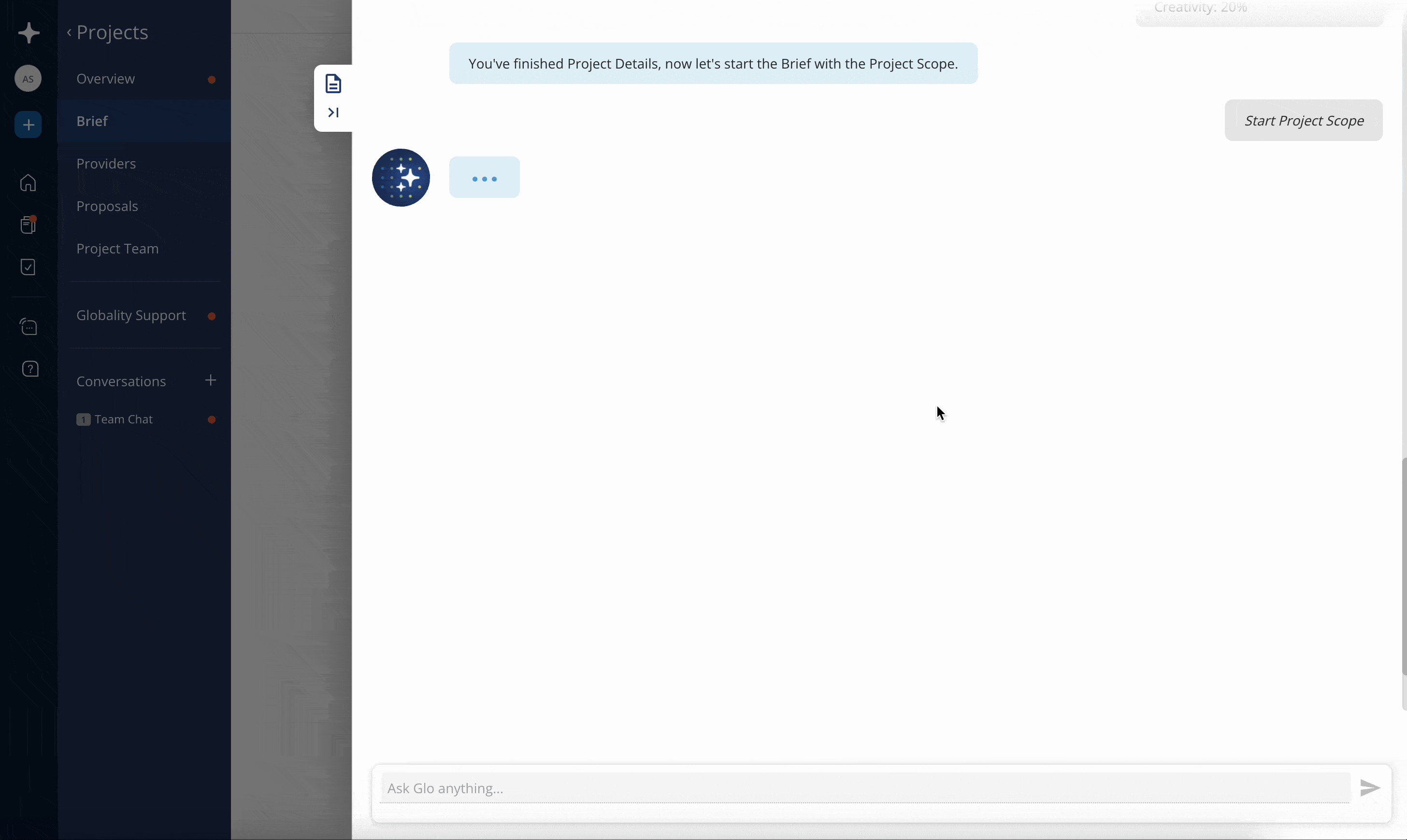 Glo now generates a set of highly relevant, tailored questions for the Project Scope based on the information provided in the Project Details and varying by project type (e.g., RFPs, RFIs, RFQs).