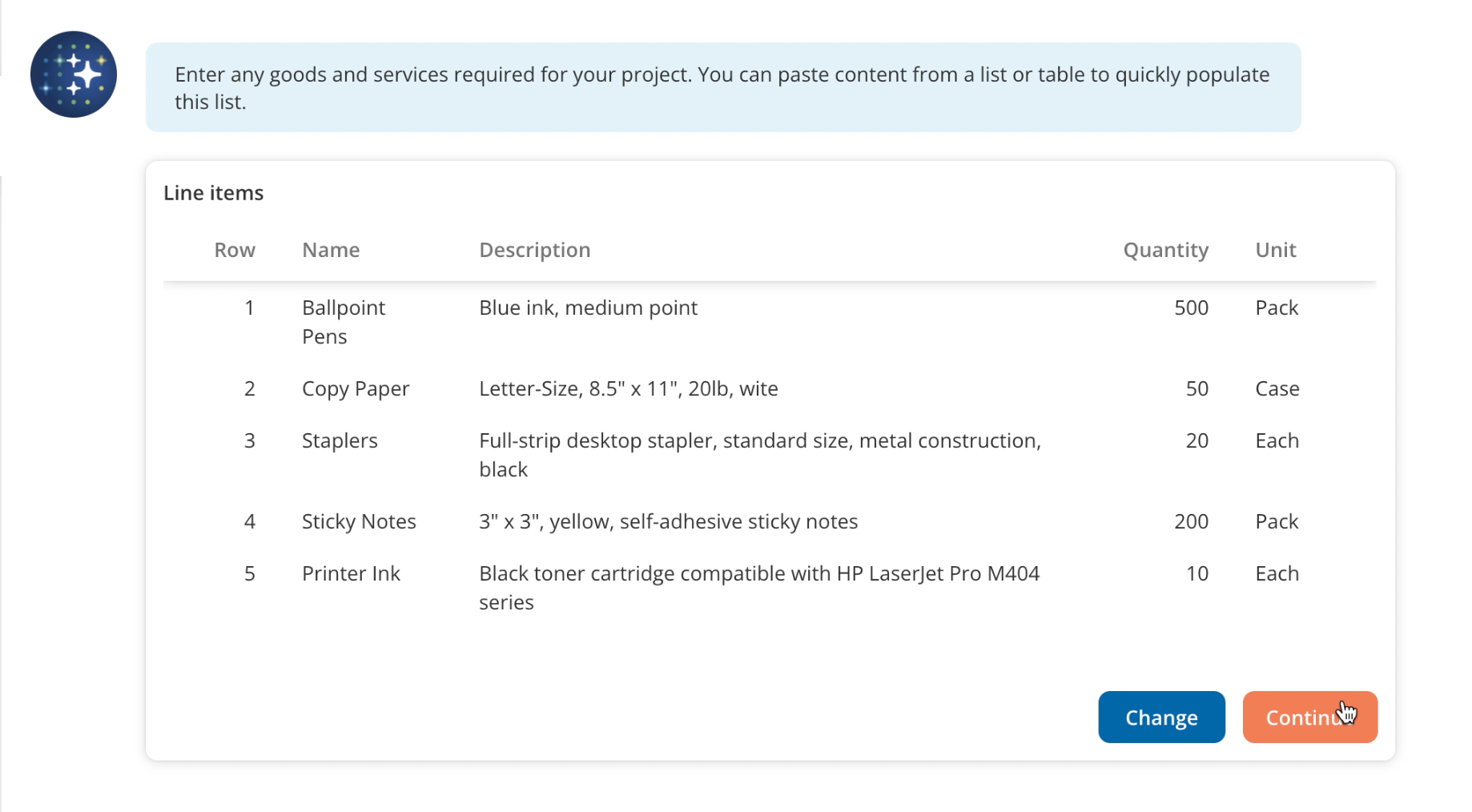 Dashboard showing line items.