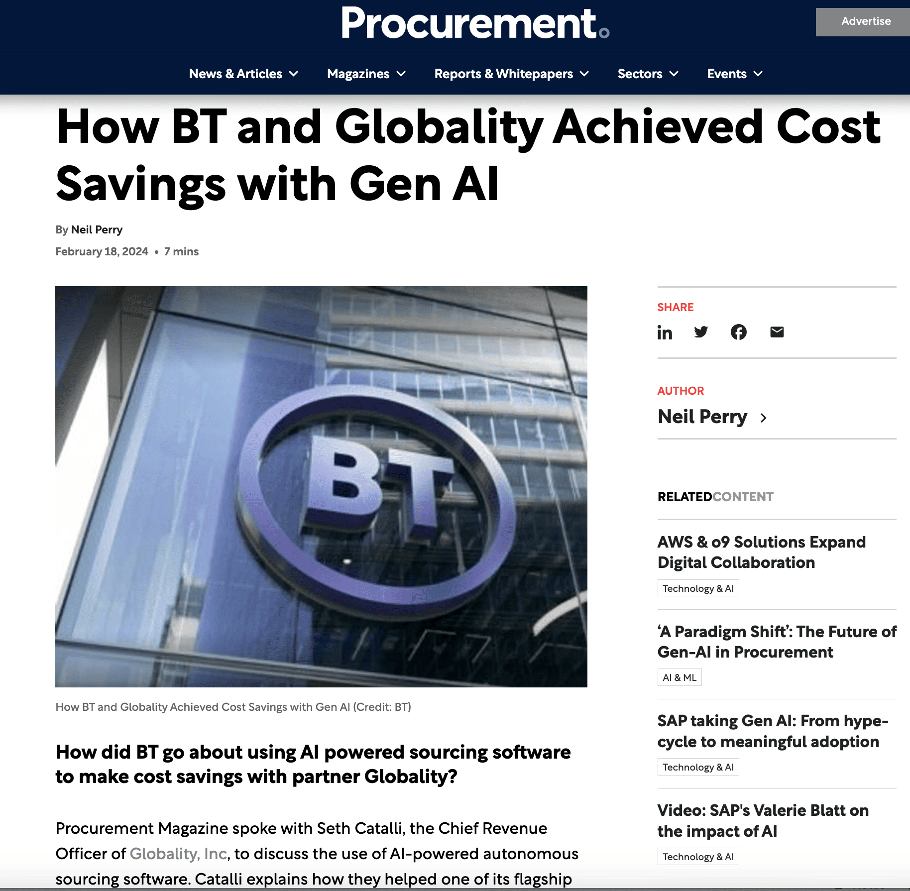 [Procurement Mag] How BT and Globality Achieved Cost Savings with Gen AI